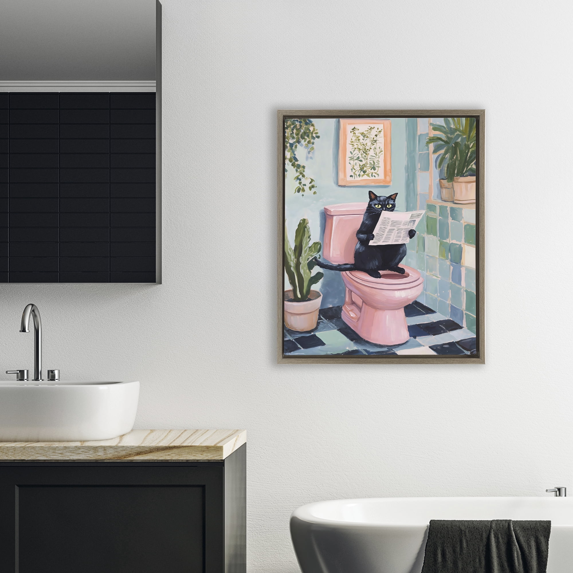Stupell Industries Cat Reading on Pink Toilet Brown Framed Floater Canvas Wall Art, design by The Prints Vibe