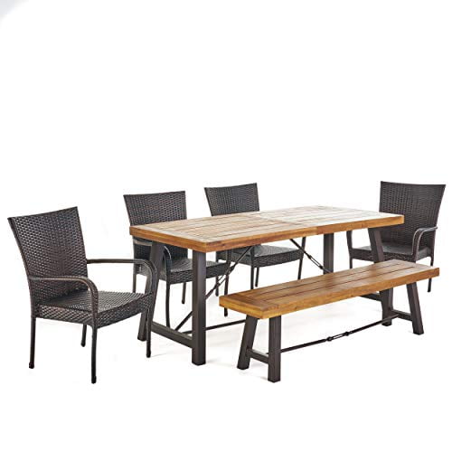 Christopher Knight Home Salla Outdoor Acacia Wood Dining Set with Wicker Stacking Chairs, 6-Pcs 