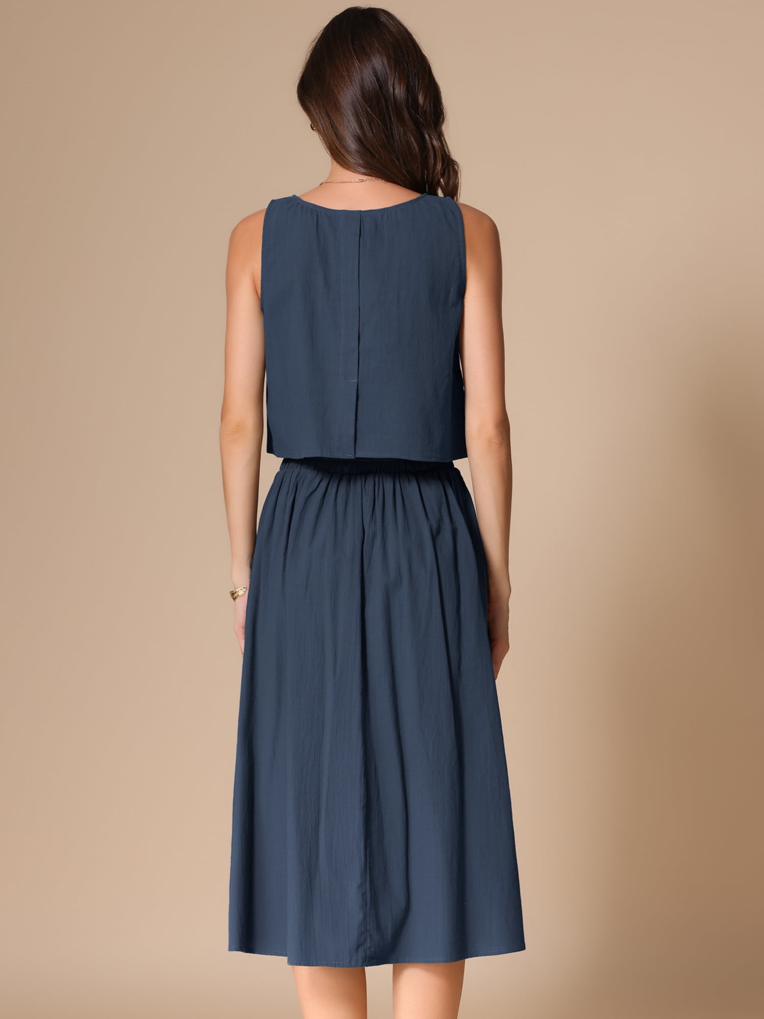 DARING DIVA Women's 2 Piece Round Neck Sleeveless Crop Top Midi Suit Set XS Dark Blue