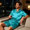 thumbnail image 5 of Resicozy Men Satin Silk Pajamas Sets Short Sleeve Sleepwear Button-Down PJs Sets Two-Pieces Loungewear with Pockets Cyan M, 5 of 6