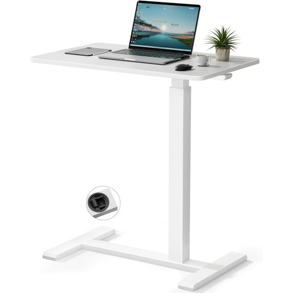 Rolling Teacher Standing Desk with Hidden Wheels,Pneumatic Mobile Laptop Table Height Adjustable Small Sit Standing Desk for Home Office,White