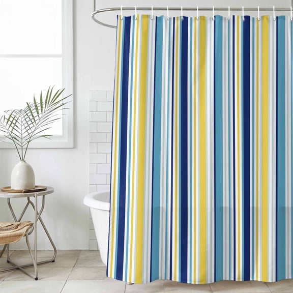 Blue Yellow Striped Shower Curtain, Waterproof Shower Curtains for Bathroom, Farmhouse Navy Blue Ombre Stripes Washable Fabric Cloth Bathroom Curtain Set Bathtub Decor with Hook 60''x72''