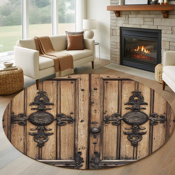 Farmhouse Brown Round Area Rug 5 FT, Non Slip Bedroom Rugs, Rustic Wooden Historical Barn Door Plank Washable Soft Circular Carpet Non-Shedding Floor Mat for Kitchen Dining Room Foyer Balcony Dorm