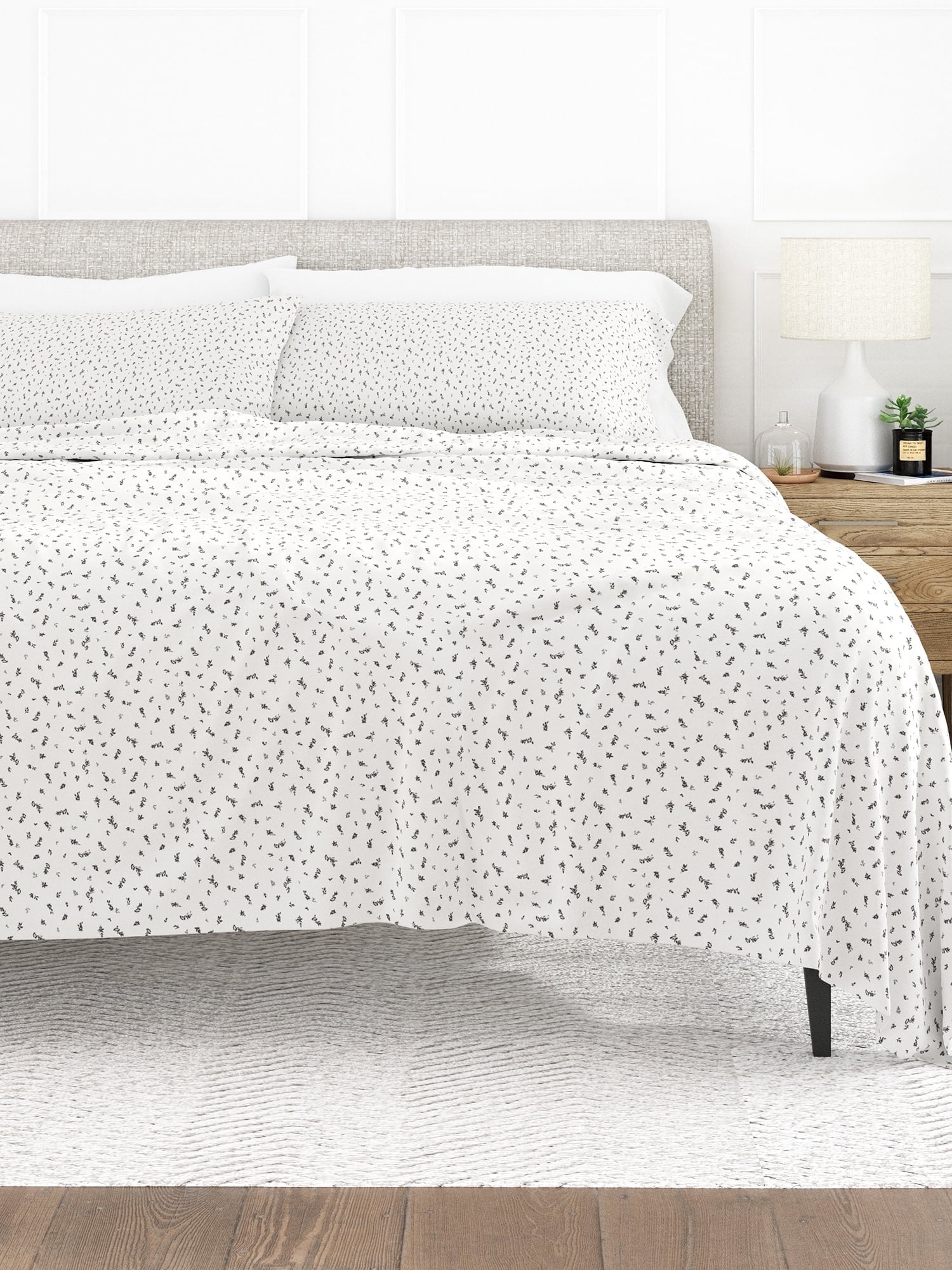 Ultra Soft & Breathable Wrinkle Free Bed Sheets Set - Floral Print Adult - Light Gray Floral Prints with Deep Pockets for King, Queen, Full, & Twins
