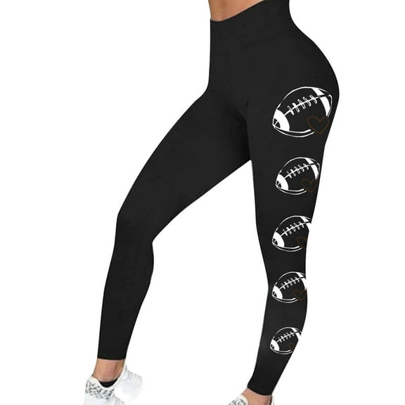 Jjayotai High Waist Legging for Women, Football Printed Shiny Gym Yoga Pants, Hidden Scrunch Butt Lift Trousers Black M