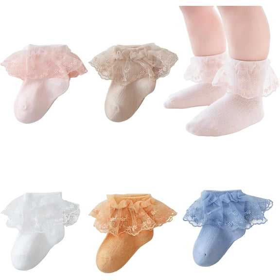 5 Pack Baby Girs Lace Socks Toddler Ruffle Eyelet Princess Dress Frilly Cotton Thin Mesh Ankle Socks for 1-8T Kids