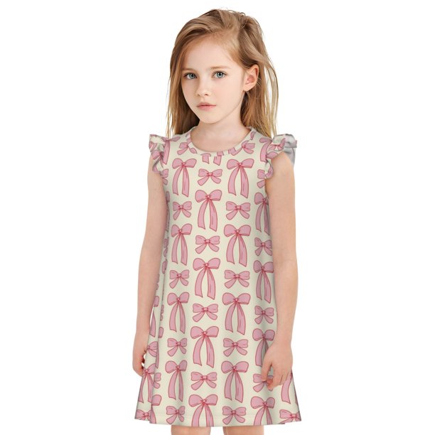 Balery pink hand drawn bows Camisón de princesa para niñas, pijama de algodón con mangas abullonadas, suave y bonito.-Large