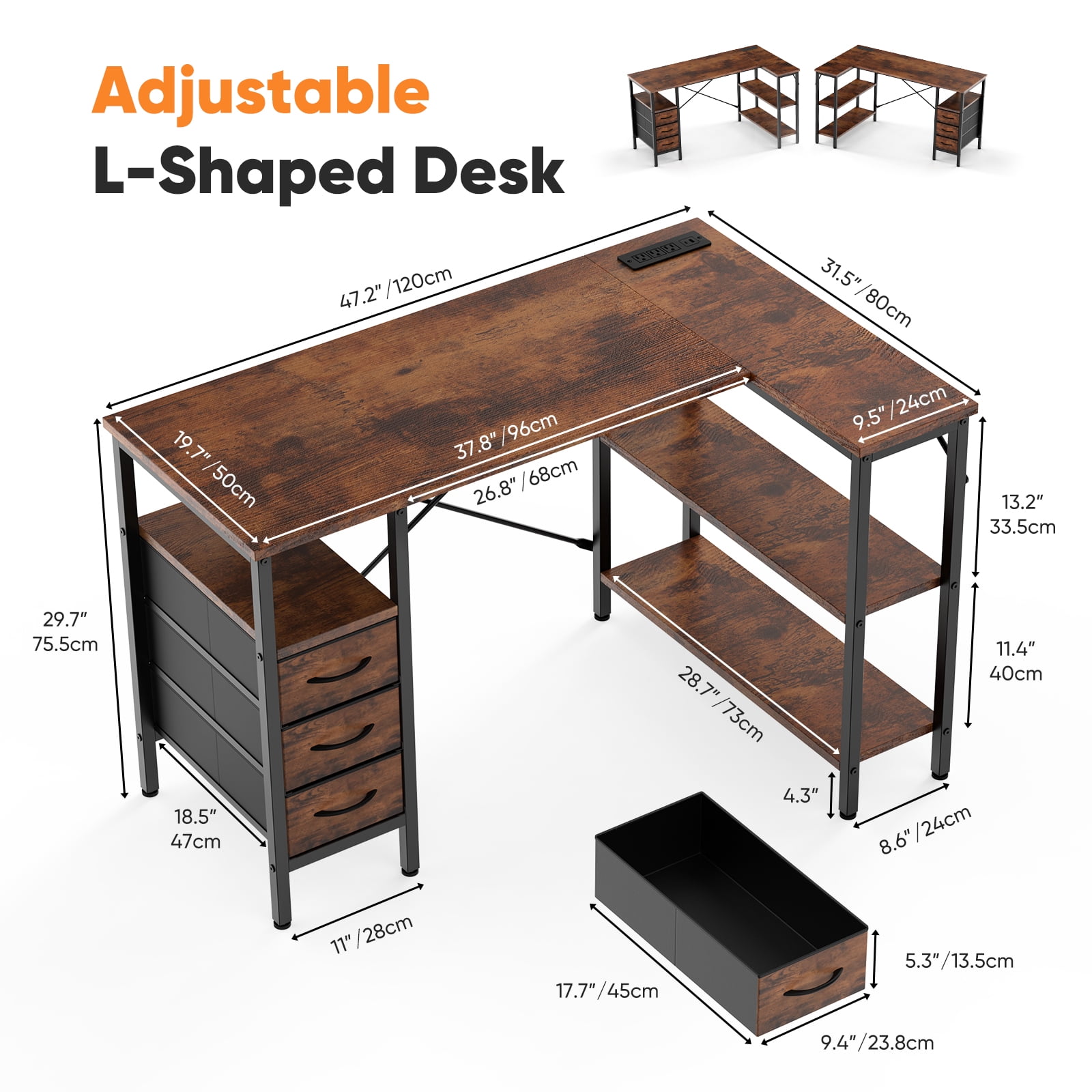 Gianna Modern L-Shaped Office Desk with Power Outlets, 47-Inch Computer Desk with 3 Drawers and Shelves for Home Office, Study, or Gaming, Rustic Brown