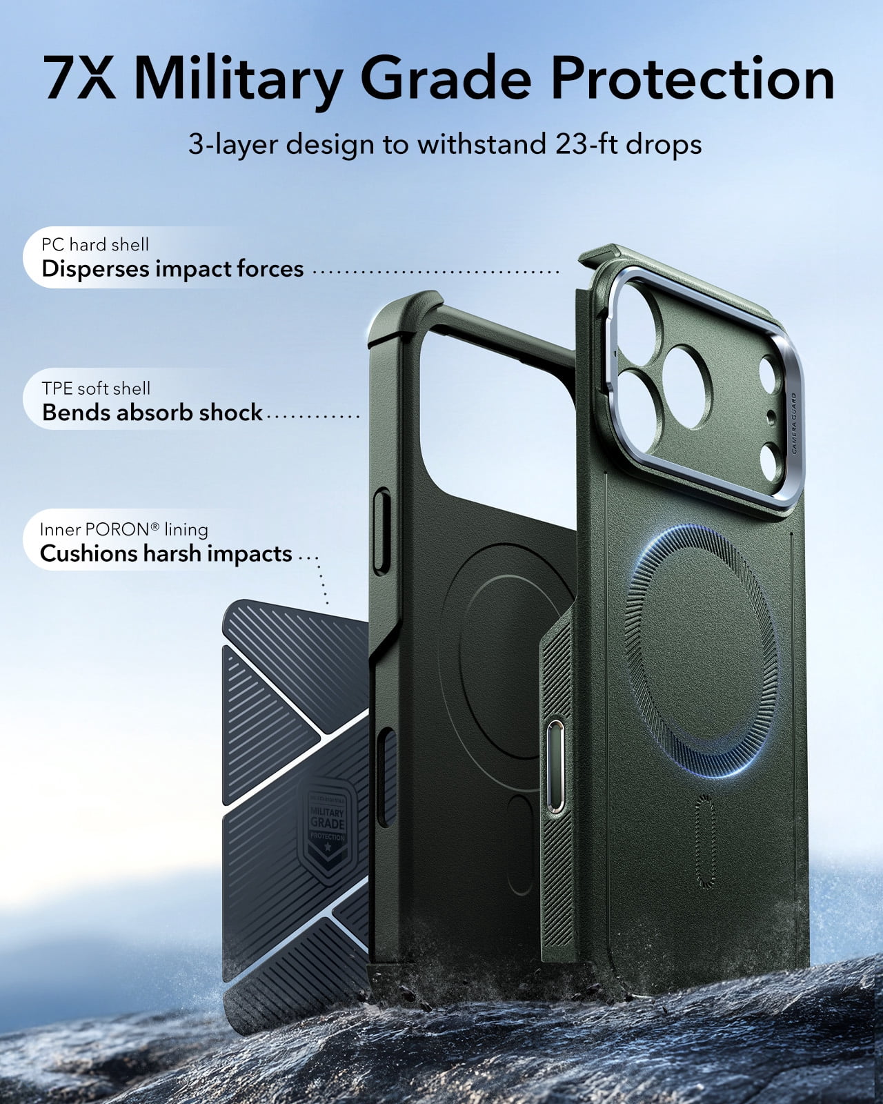 ESR Case with Stash Stand Compatible with iPhone 17 Pro Max, 7X Military-Grade Drop Protection & Camera Control, MagSafe Compatible Shock-Absorbing, Olive Green