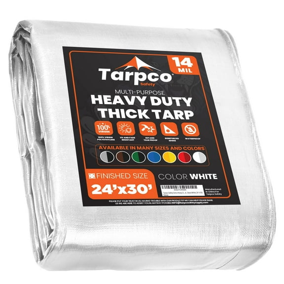 Tarpco Safety 14 Mil Extra Heavy Duty Tarp Camping Tarpaulin Waterproof Cover, White 24' x 30'Ft