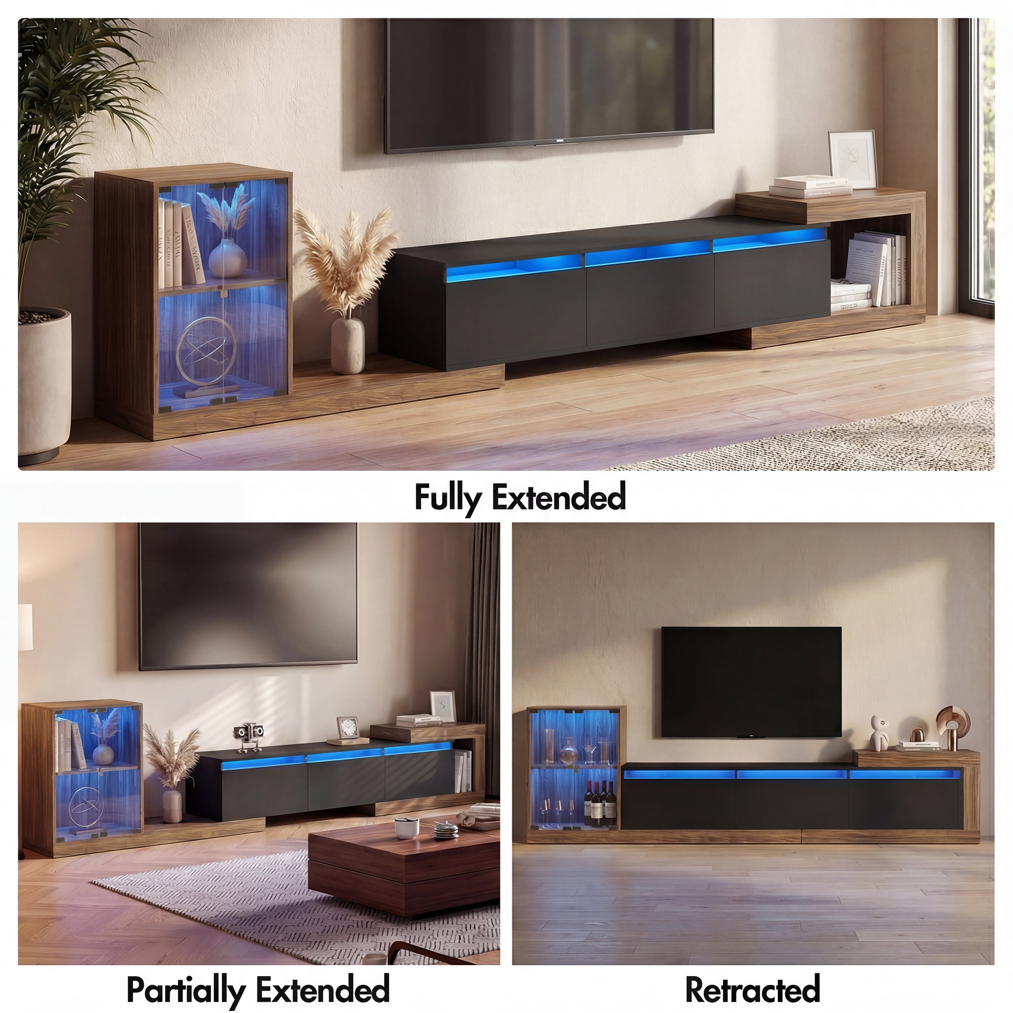 Advwin Extendable TV Stand for 75"-110" TVs, Modern Adjustable Length TV Console with LED Light, Cabinet, 2 Drawers & Media Storage, Entertainment Center for Living Room Bedroom, Black+Rustic Brown