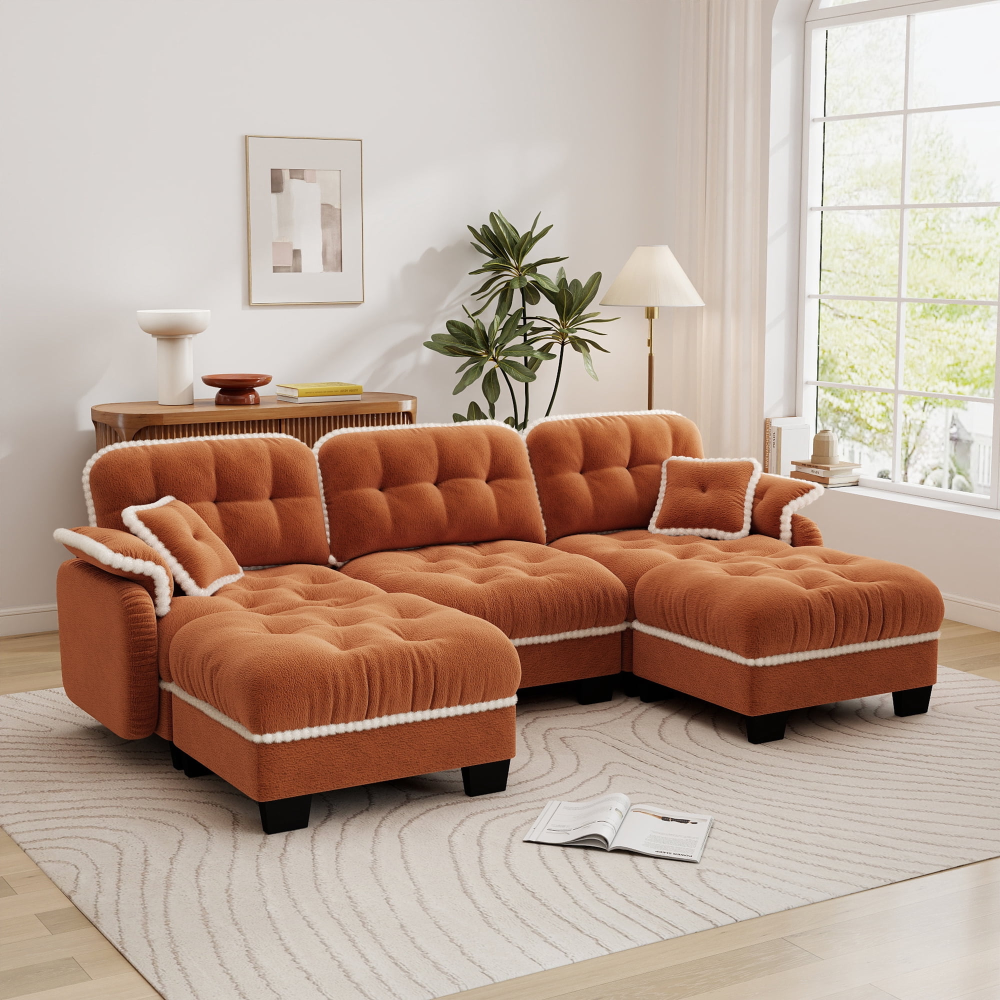 Aenkyo 100.7" Chenille Modular Sectional Sofa with 2 Movable Ottomans, 3-Seater, Orange