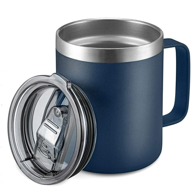 ALOUFEA Taza de café aislada de acero inoxidable de 12 oz con asa, taza de viaje al vacío de doble pared, vaso con tapa deslizante, azul marino