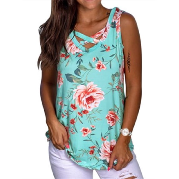 Uhndy Sleeveless T Shirts for Women Floral Print Cross V Neck T-Shirt Blouse Summer Casual Loose Tunic Tops Ladies High Low Hem Vest Green 2XL