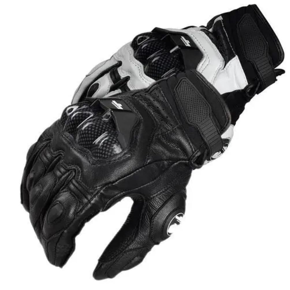 Hmhnsya Men’s Genuine Leather Motorcycle Gloves, Black & White Racing Road Riding Gloves, Summer & Winter Use