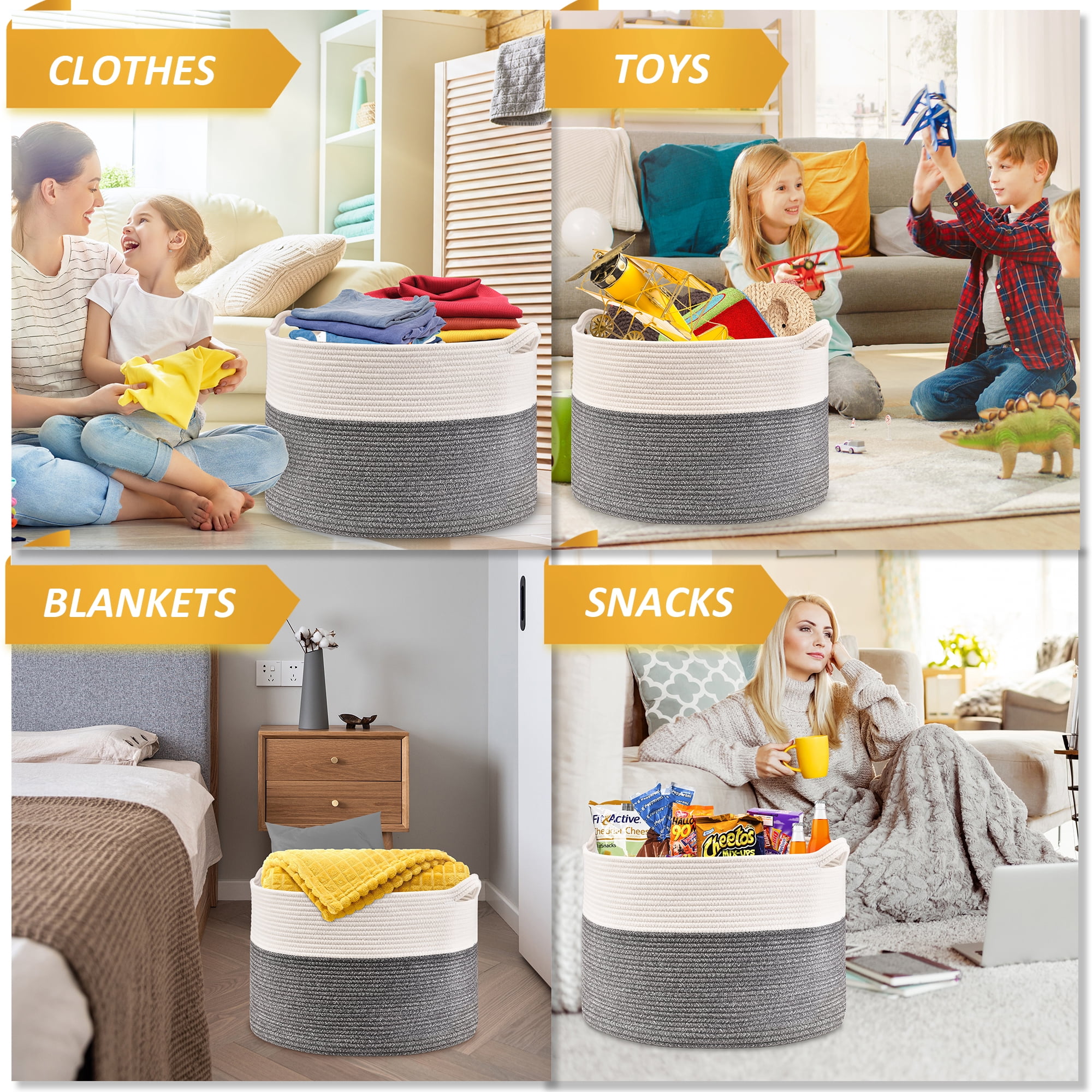 Blanket Basket Living Room,22" x 22"x14",XXXL Storage Baskets,Woven Rope Baskets for Storage,Large Basket with Storage Bag,Baby Laundry Basket,Toy Basket with Handle,Clothes Hamper (Grey)