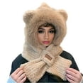 thumbnail image 2 of Cute Bear Ear Hat Warm Scarf Set 2 in 1 Hooded Scarf for Women, Winter Windproof Plush Integrated Earflap Beanie Hat Khaki Free, 2 of 3