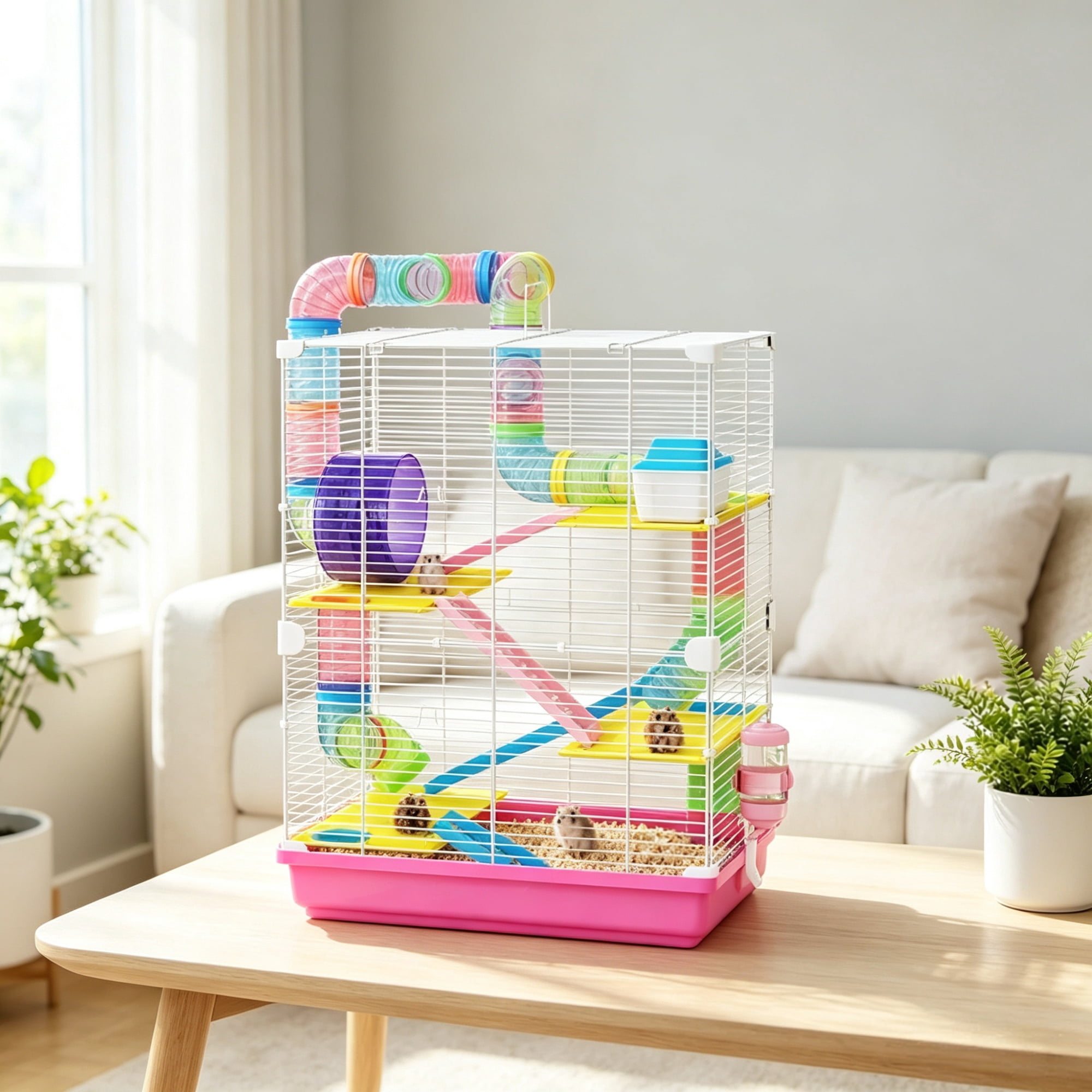 5-Tier Portable Hamster Cage for Short Trip Outing, Small Animal Travel Carrier with Tunnel Tubes, Pink