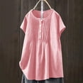 thumbnail image 2 of QIUOMBBP Summer Linen Tops for Women Short Sleeve Flowy Pleated Button Design Shirts Loose Casual Lightweight Going Out Top Pink XL, 2 of 8