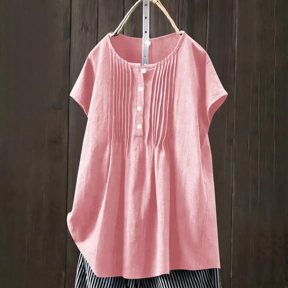 Wowcloth Womens Summer Linen-like Short Sleeve Blouse with Round Neck, Half Button Design and Pleated Detail, Solid Color Casual Top for Daily Wear and Office