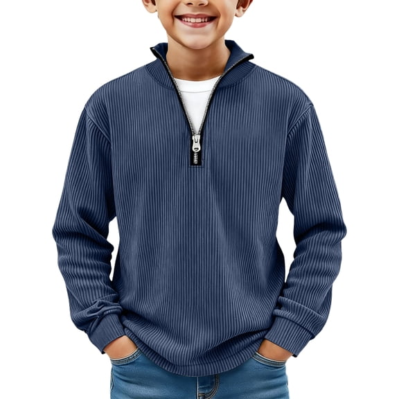 longantii Boys Half Zip Pullover Mock Neck Ribbed Sweatshirts Outdoor Quarter Zip Up Long Sleeve Shirt Winter Clothes Navy 4-5 Years