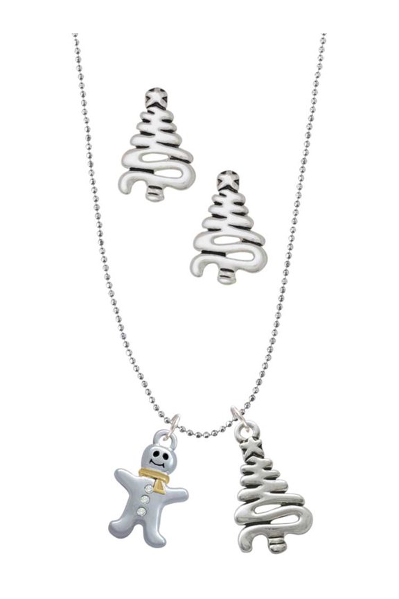Two-tone Gingerbread Man with Crystal Buttons Silver tone Zig Zag Christmas Tree Charm Necklace and Stud Earrings