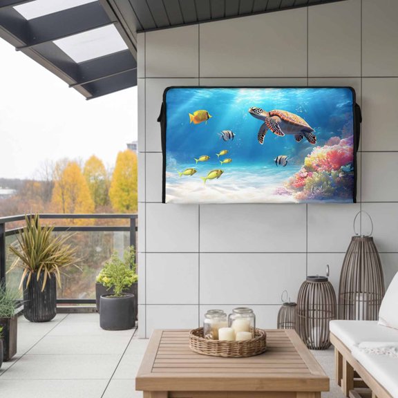 Outdoor TV Cover 58x37x4.5in, Watercolor Coral Sea Turtle Fish Weatherproof TV Screen Protector with Zipper, Underwater World Outside Television Cover Fits Up to 60-65"
