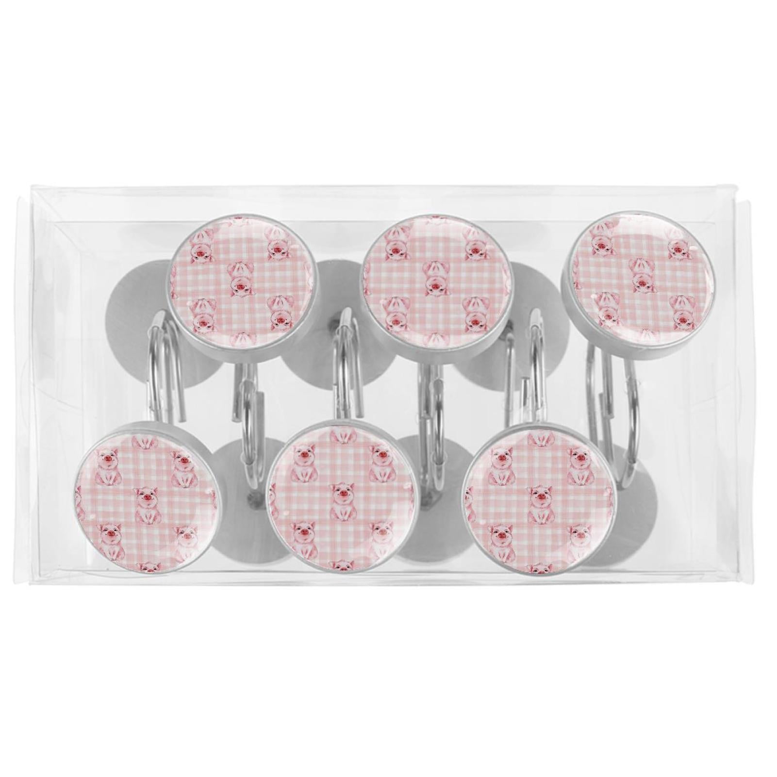 Checkered pig Shower Curtain Hooks（Set of 12）for Home Hotel Shower Rods Bathroom Crystal Glass Print Stainless Steel Round Curtain Hooks