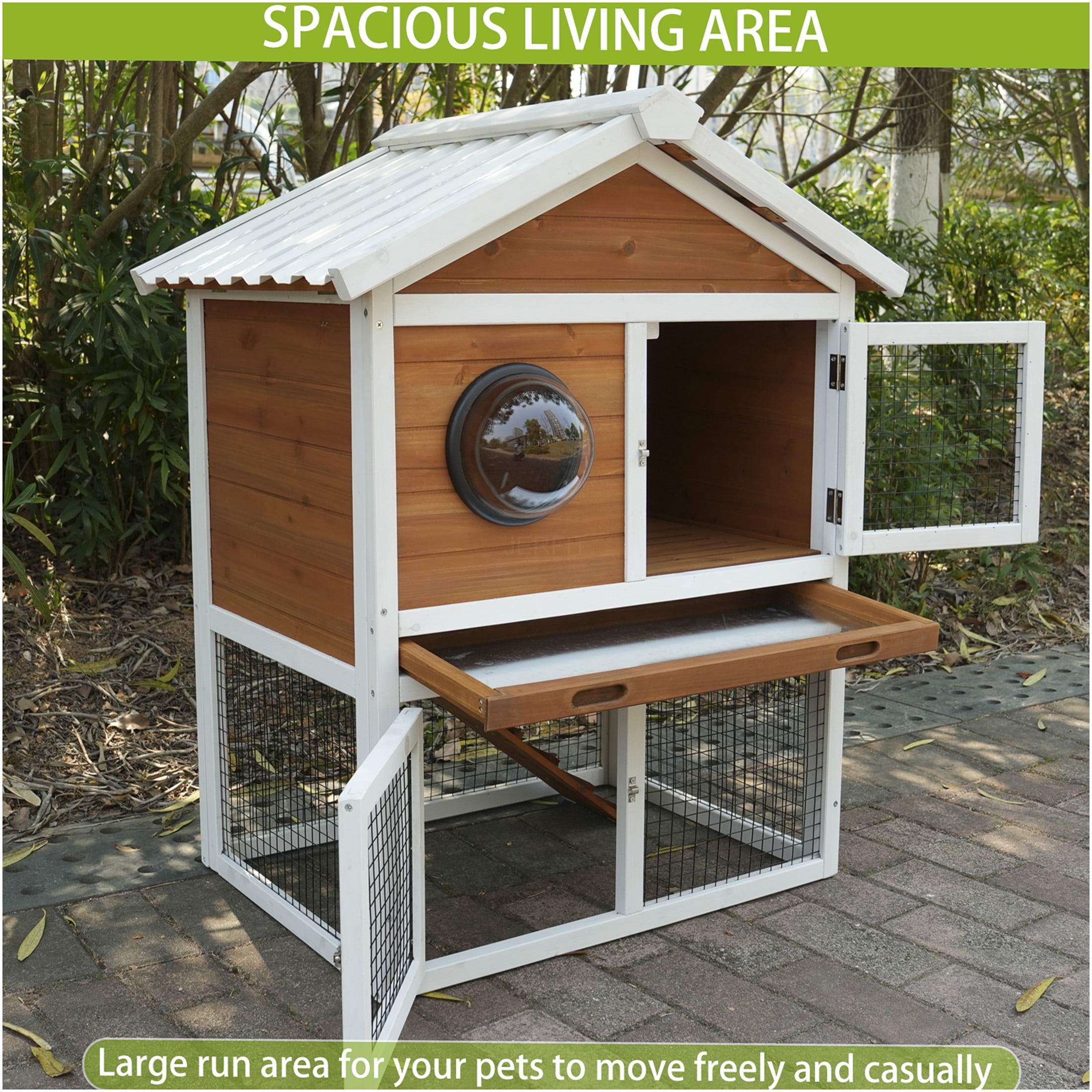 JERFIT Outdoor Rabbit Hutch with Waterproof Roof, 2-Tier Wooden Bunny Cage with Pull-Out Tray & Ramp for Rabbits, Guinea Pigs, Small Animals