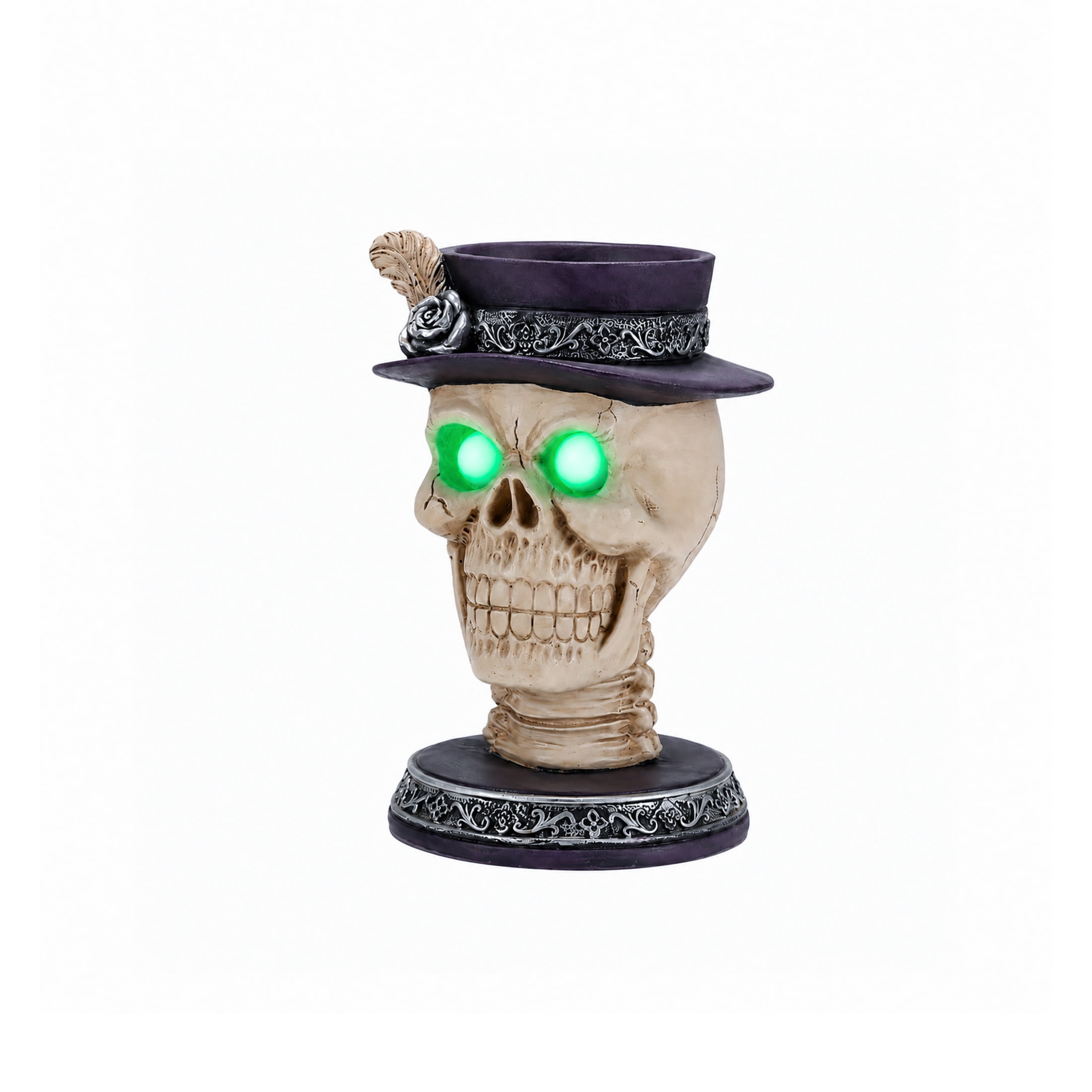 Noble House Gothic Skull Pillar Candle Holder with LED Light Eyes & Rose Top Hat, Spooky Tabletop Decor, Black White