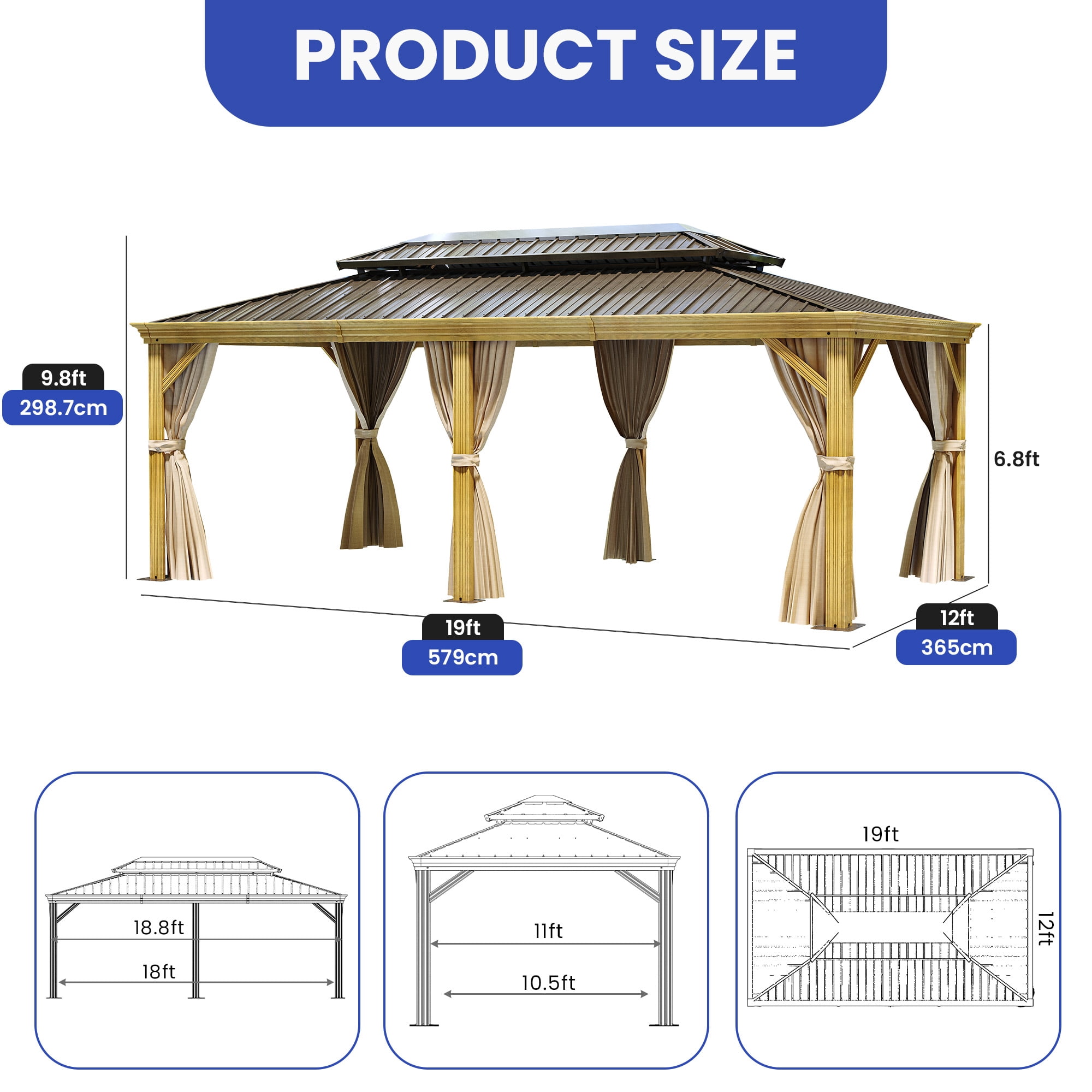 Dextrus 12x20FT Large Double Roof Hardtop Gazebo with Netting & Brown Curtains,Outdoor Galvanized Steel  Canopy,Garden Tent for Patio, Backyard, Brown