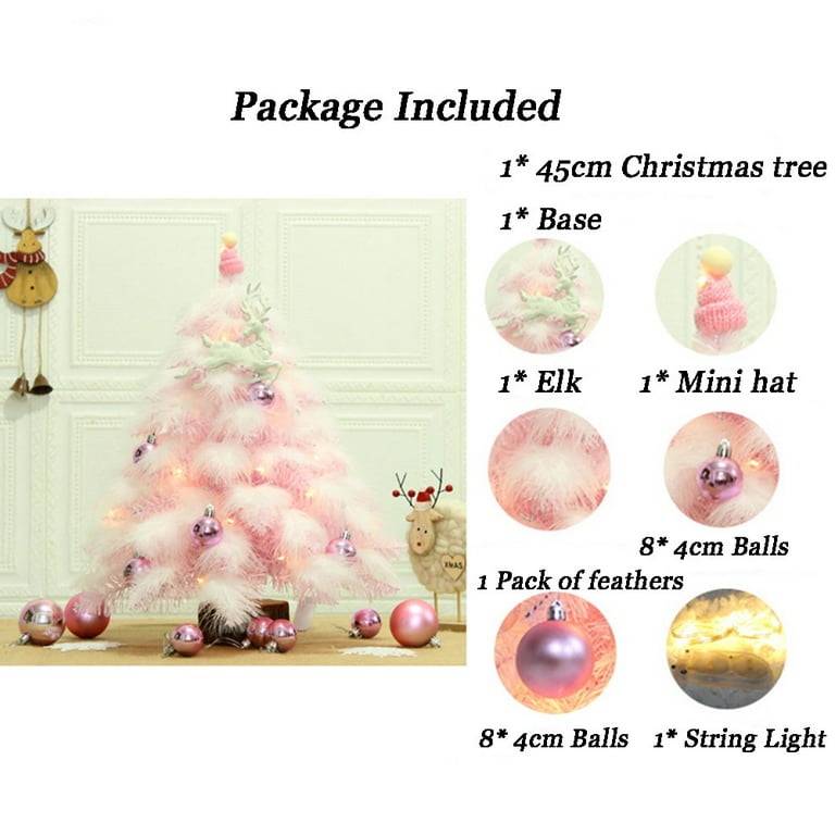 Pink Feather Mini Christmas Tree with Lights Ornaments for Home Office Tabletop Decor Christmas Gift, Size: 18