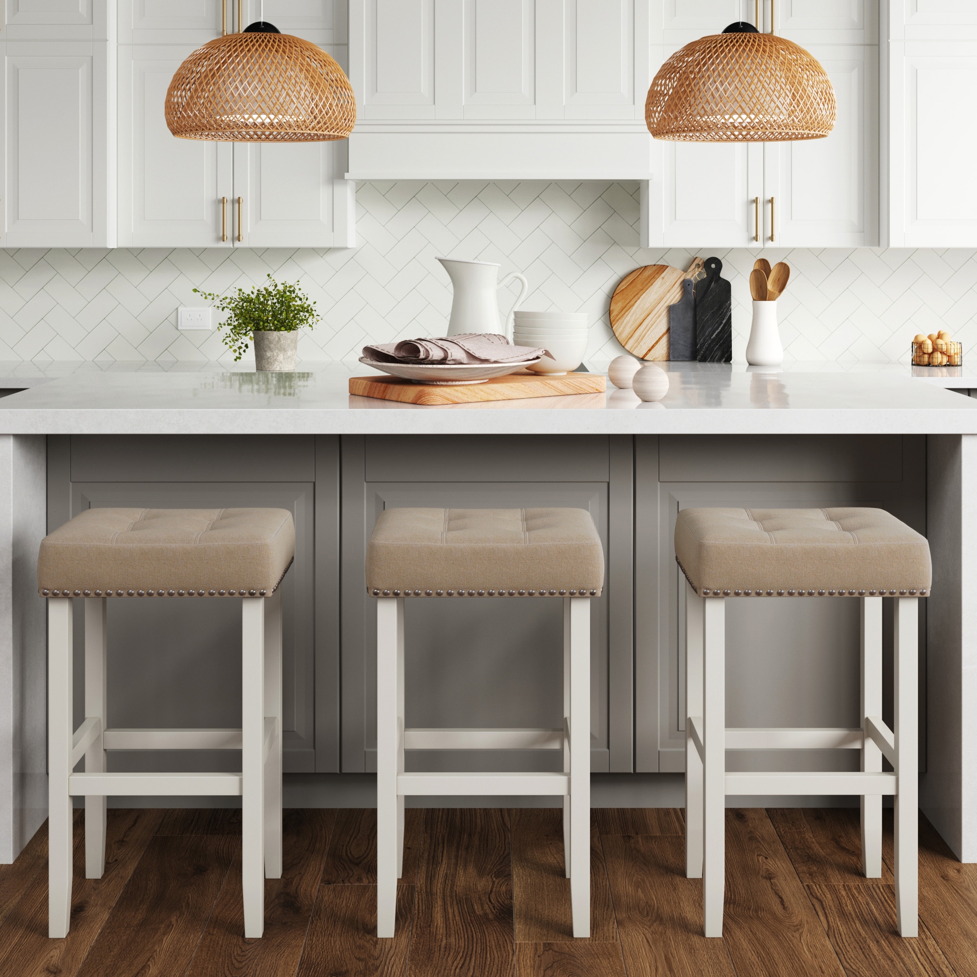 Nathan James Hylie Nailhead Wood Pub-Height Kitchen Counter Backless Bar Stool 29", Natural Flax/White