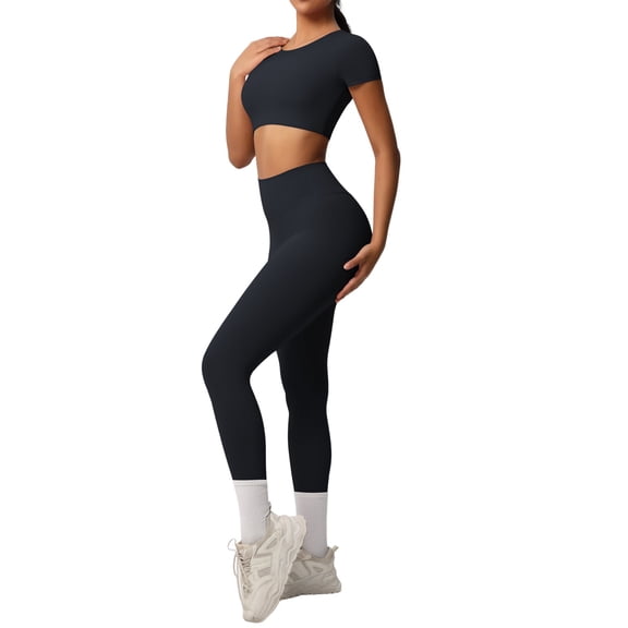 Solid Color Yoga Set Breathable Two Piece Outfit Short Sleeve Top and High Waist Leggings for Workout Running Gym Fitness