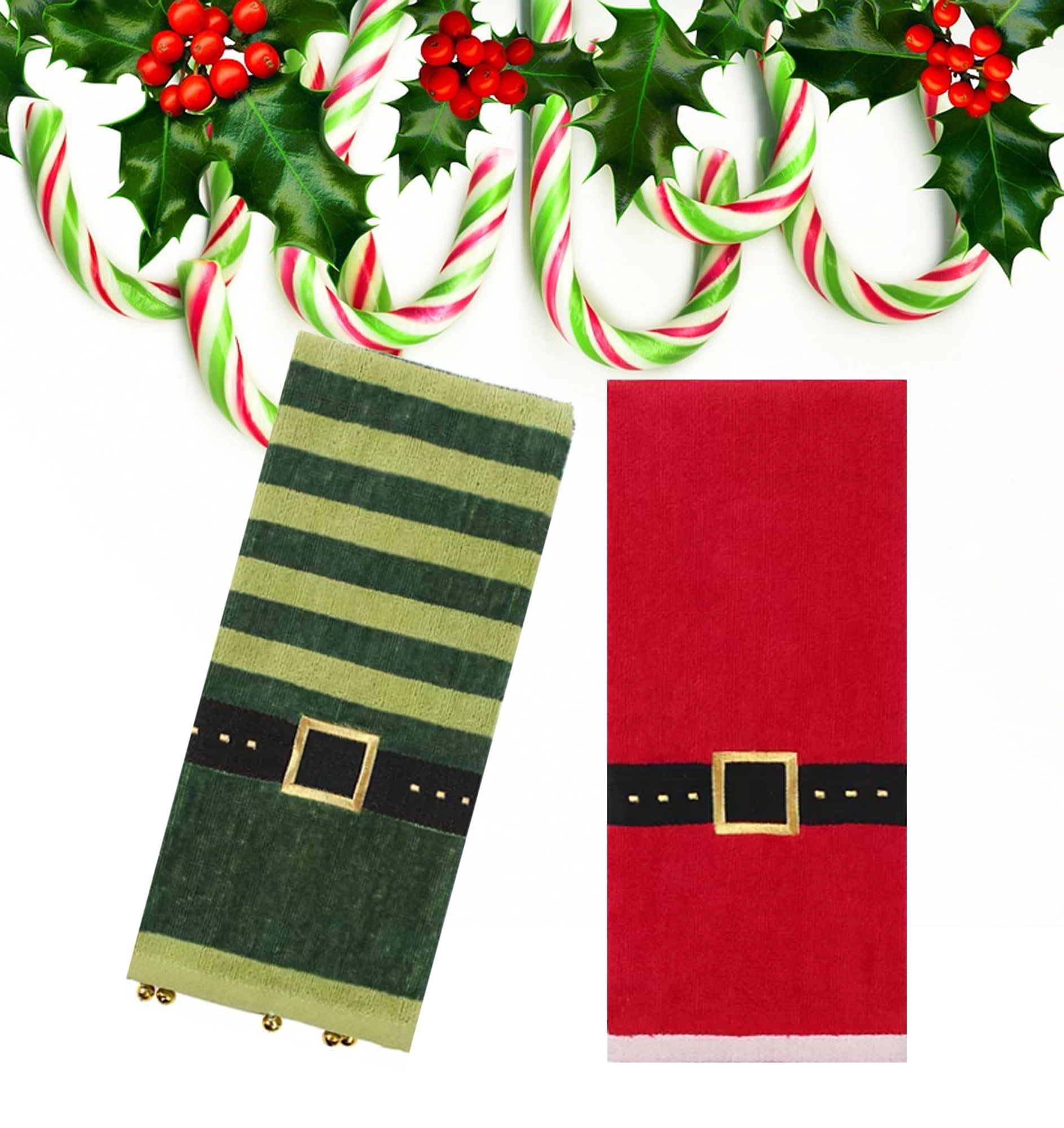 St. Nicholas Square Christmas Bath Hand Towels, Santa Elf Belt Buckle, 2 Piece