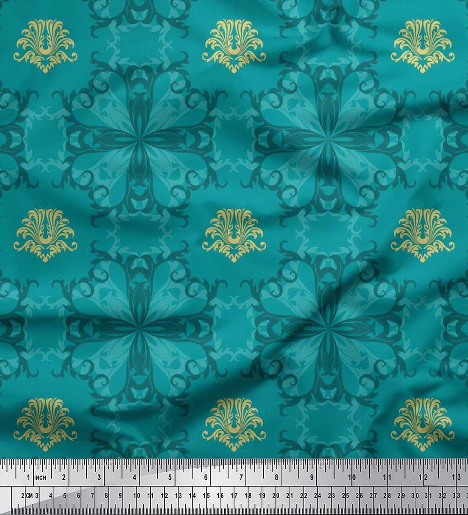 Soimoi Satin Silk Fabric Filigree Damask Print Sewing Fabric Yard 42 Inch Wide