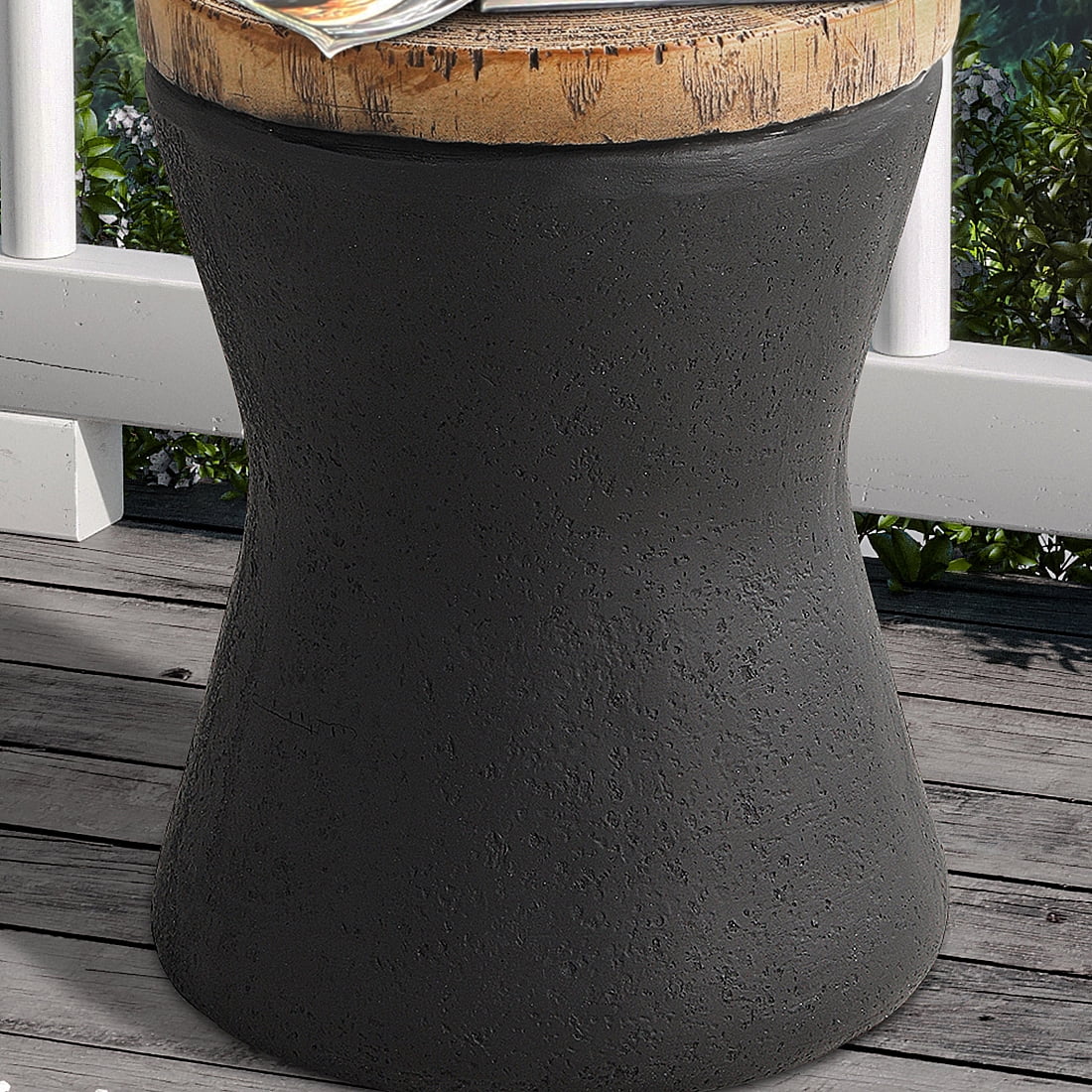 VENTOPYR 2 PCS Concrete Outdoor Side Table with Wood Grain Top,Small Jar Shaped Round Accent End Table for Patio, Garden,Black