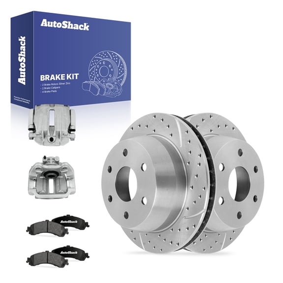 AutoShack Rear Vented Drilled & Slotted Silver Zinc Coated Brake Rotors   Ceramic Pads   Calipers 8-PC Brake Kit Replacement for 2005-2006 GMC Sierra 1500 SilverShield Pro 12.99" (330 mm)