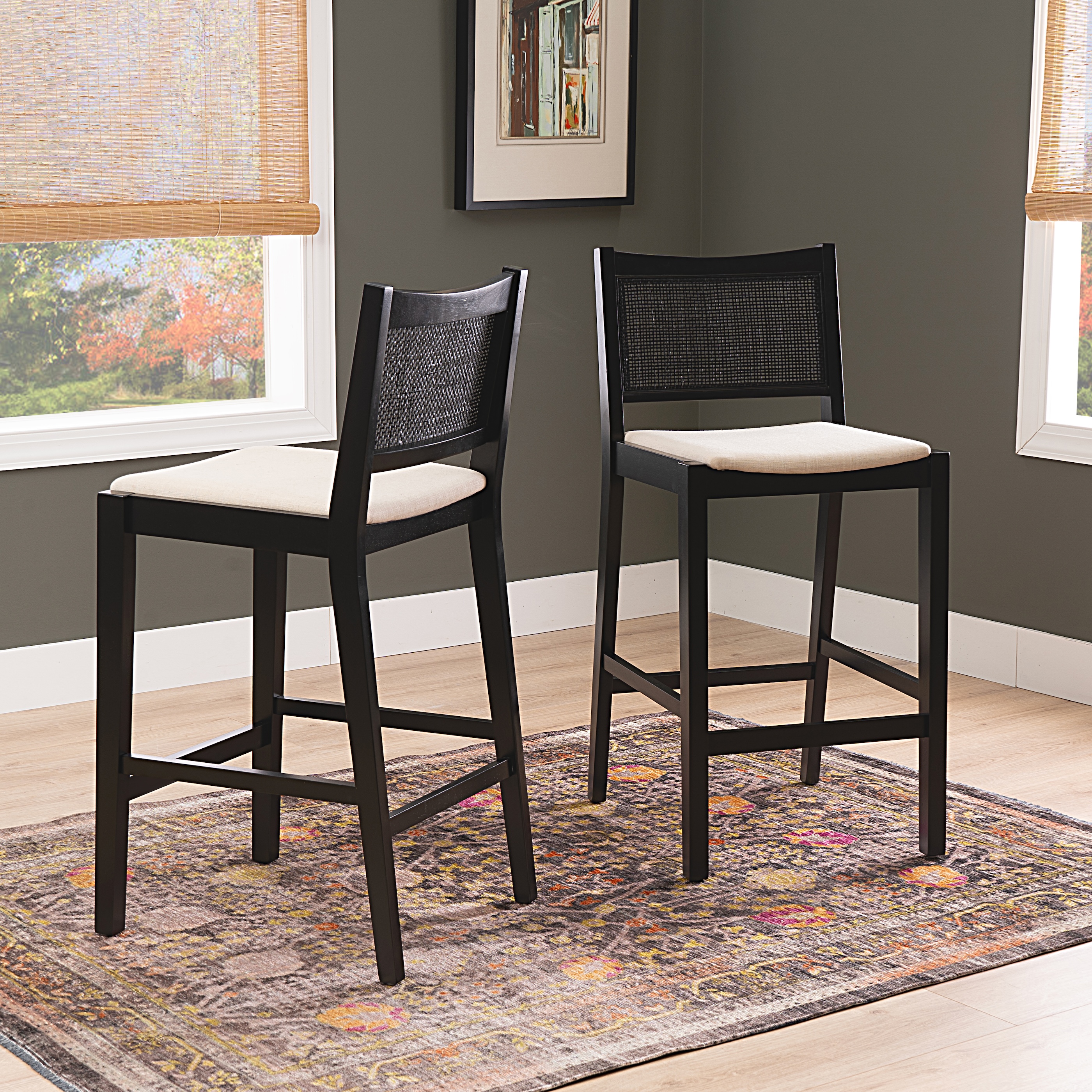 Powell Bilberry 29" Indoor Low Cane-Back Wood Barstool, Set of 2, Black/Natural/Beige