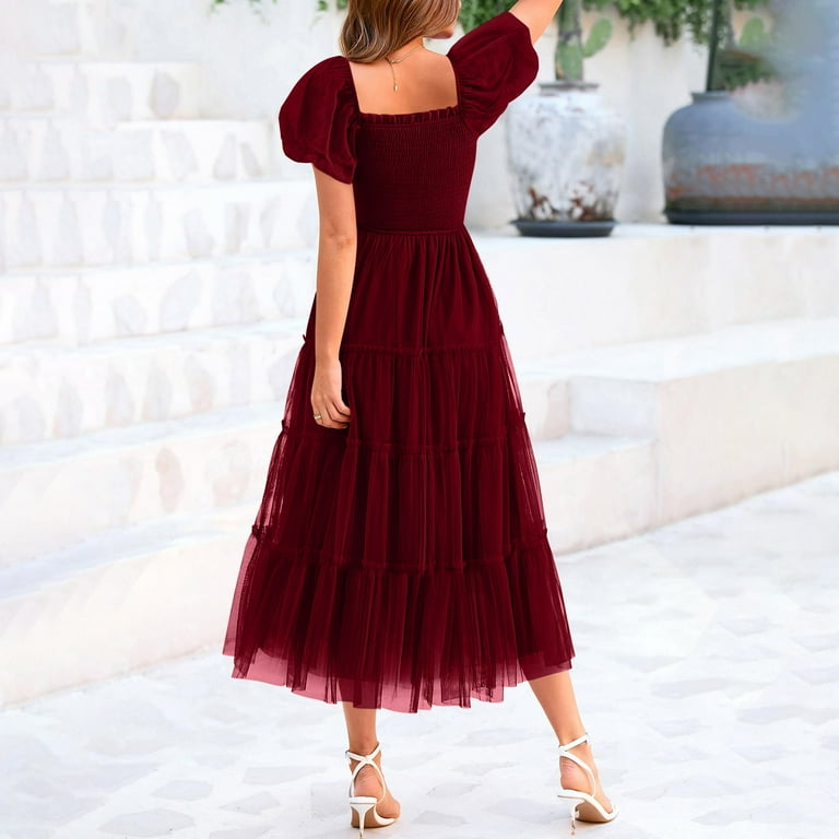 Women's Flowy Smocked Midi Tulle Dress 2025 Summer Puffy Short Sleeve  Square Neck Tiered Wedding Guest Party Dresses - Walmart.com