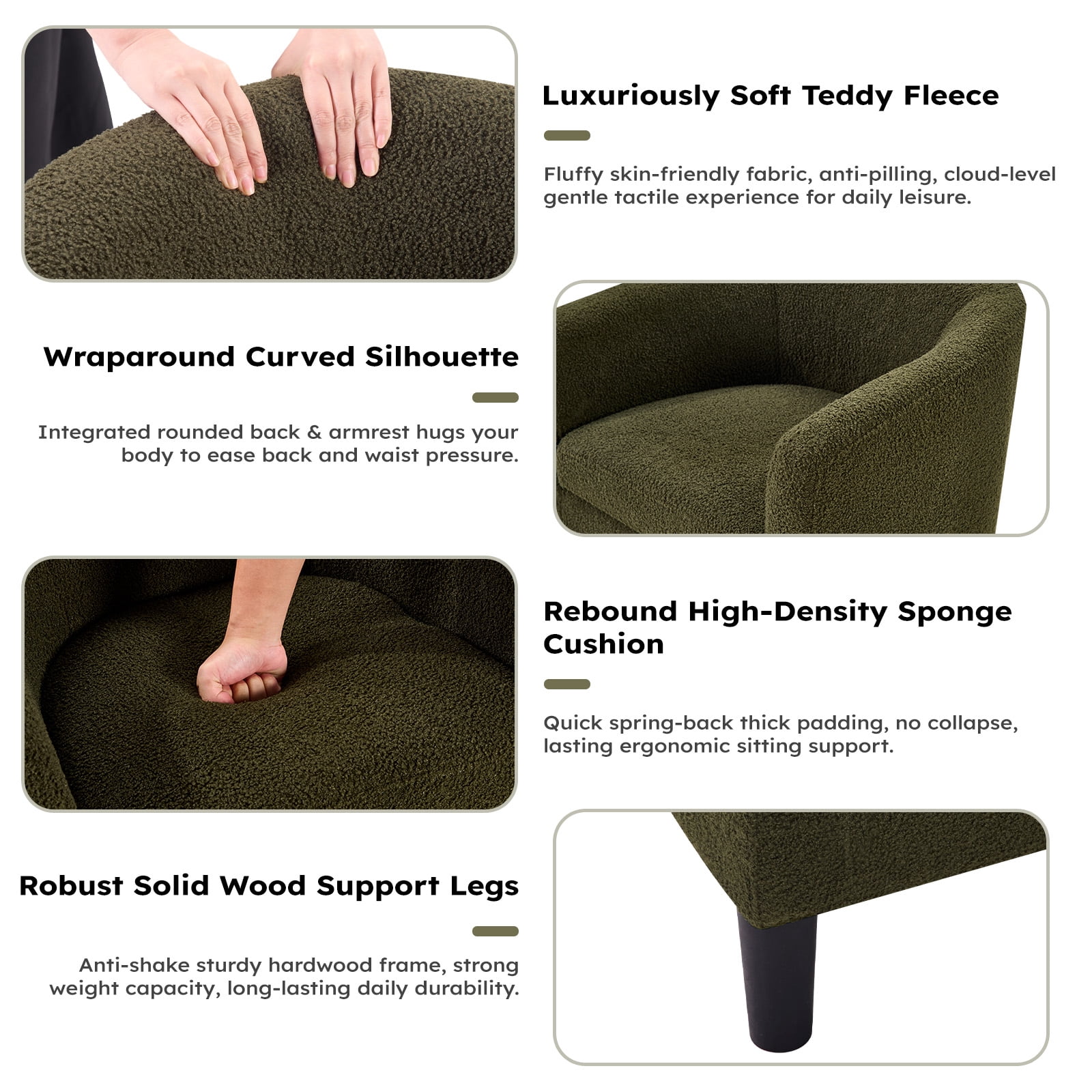 Bonzy Home Accent Barrel Chair, Teddy Fleece Upholstered Club Chair with Armrest Small Reading Chair, for Living Room, Bedroom & Reception Room, Green