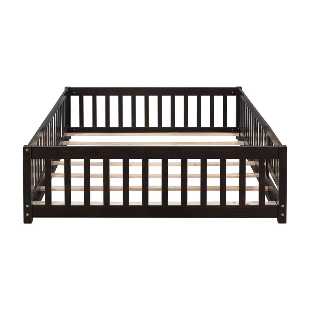 Full Size Floor Bed Frame for Kids Toddlers, Wooden Montessori Bed with 7 Wood Slats, Fence-Shaped Guardrails and Door for Boys Girls Bedroom Playroom, No Box Spring Needed, Espresso