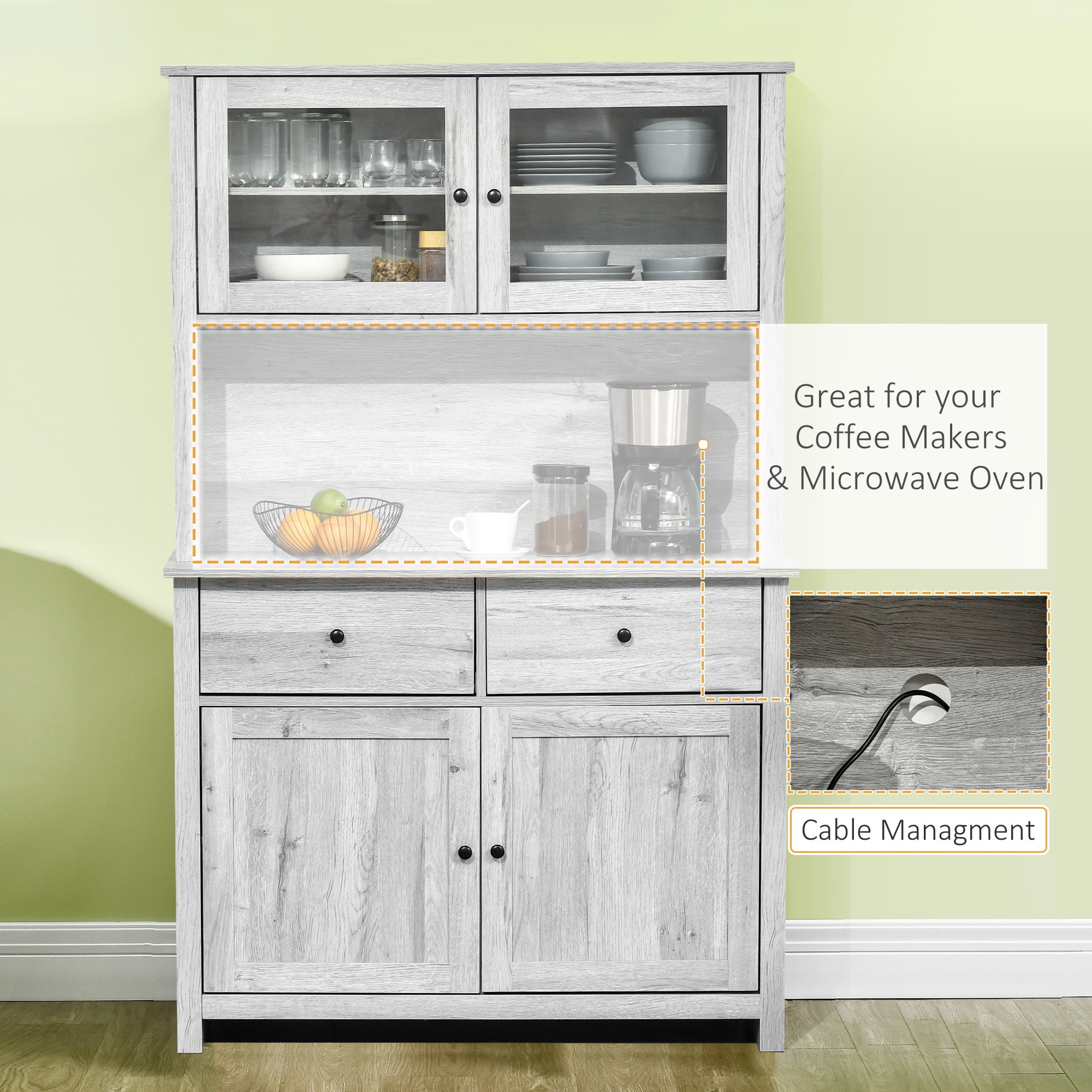 HOMCOM 63.5" Kitchen Buffet with Hutch, Pantry Storage Cabinet with 4 Shelves, Drawers, Framed Glass Doors, Open Microwave Countertop, Ash Grey