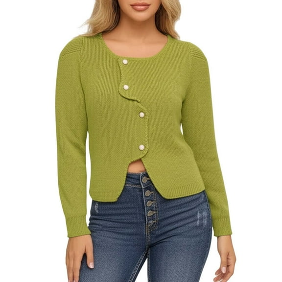 SGMVNU Cropped Cardigan Sweaters for Womens Button Up Long Sleeve Crewneck Fall Dressy Casual Knit Sweater Jackets(Green, One Size)