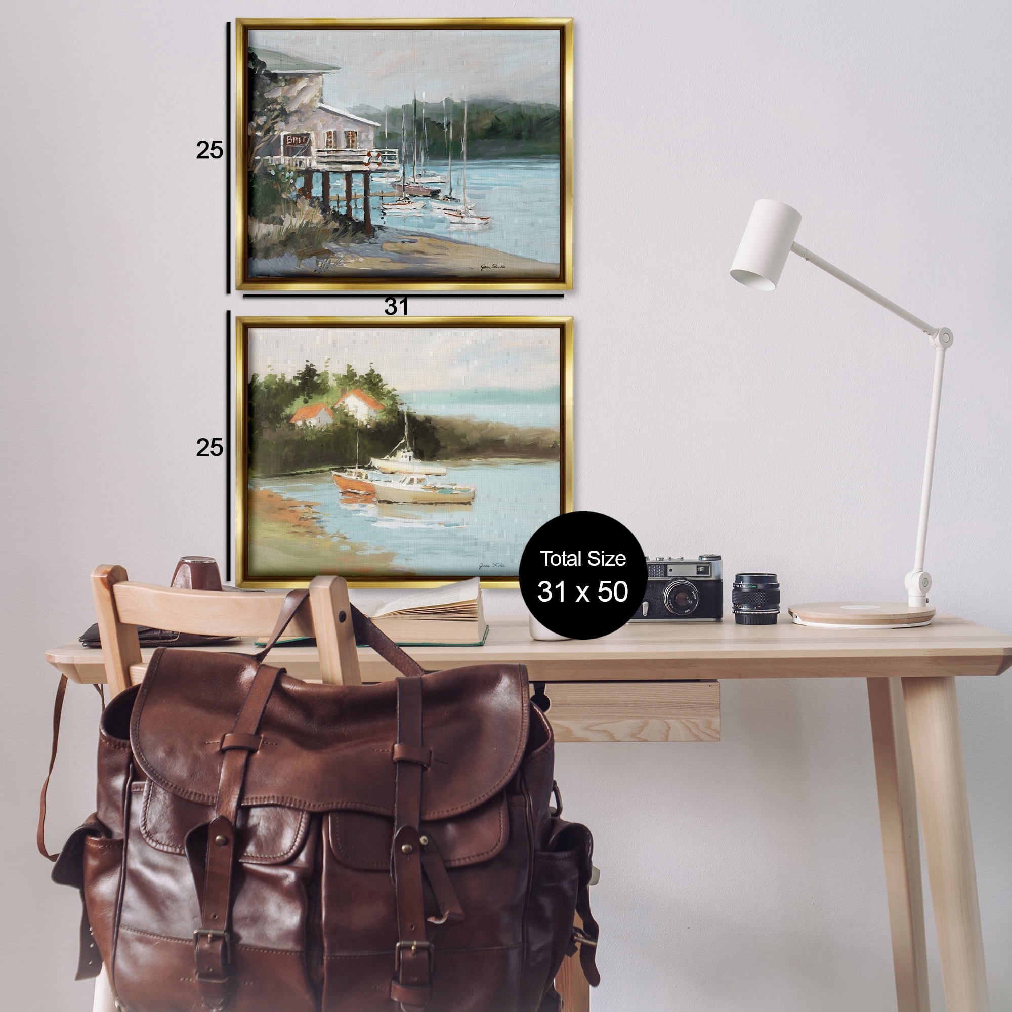 Stupell Industries Boat Lakeshore Landscape Landscape & Nature Painting Gold Floater Framed Canvas Art Print Wall Art, 31 x 25, Set of 2