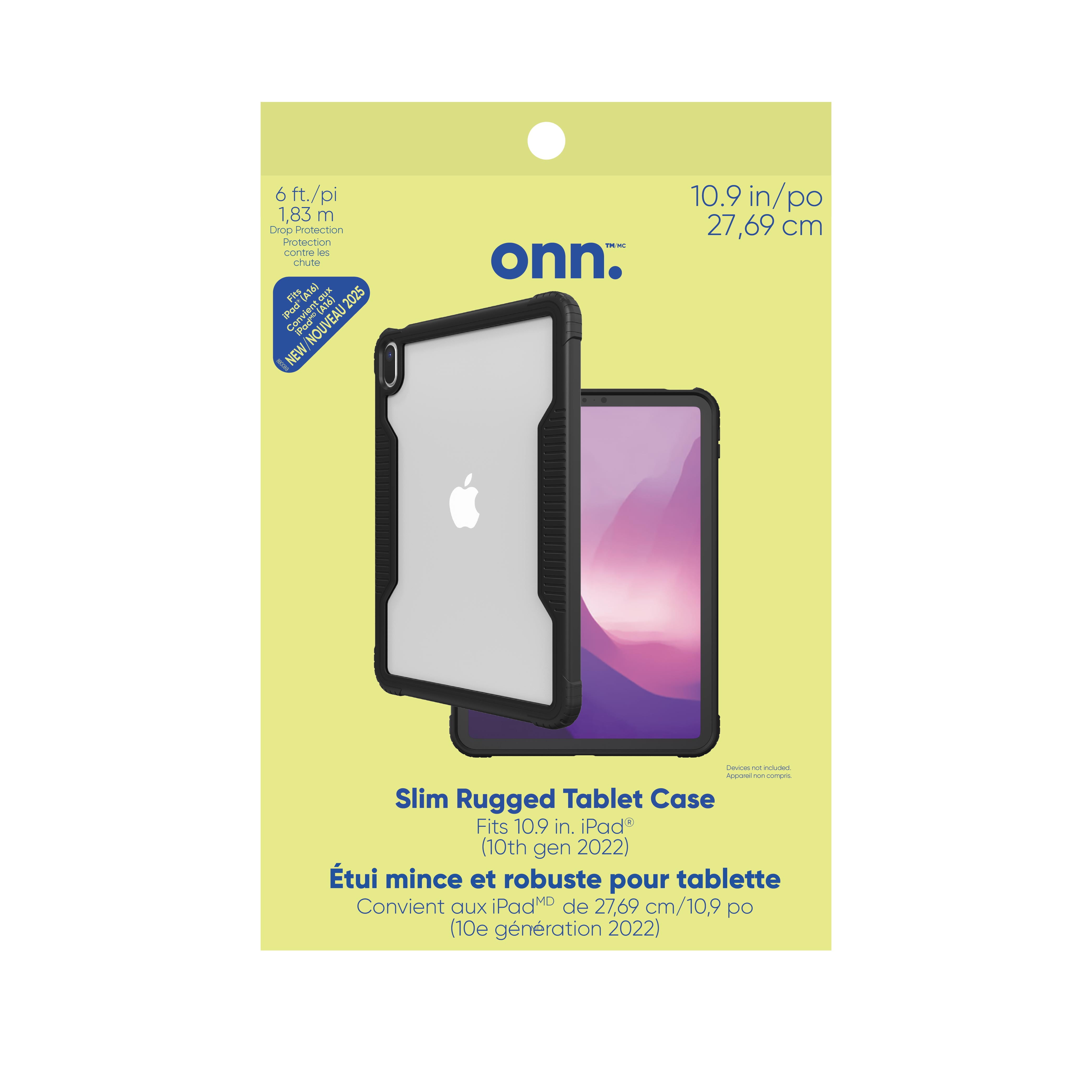 Onn. Slim Rugged Tablet Case for iPad (A16), iPad (10th generation) - Black/Clear, 6 ft. Drop Protection
