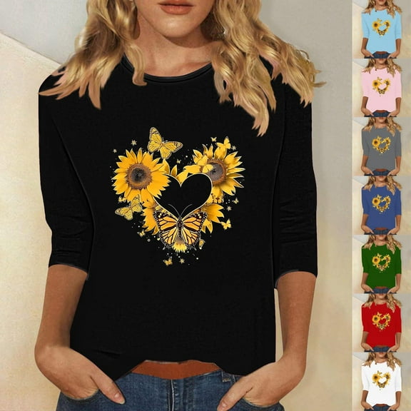 DDAPJ pyju Sunflower Shirts for Women 3/4 Length Sleeve Crewneck Tops Summer Trendy Casual T-shirt Three Quarter Cute Blouse Black XXXL