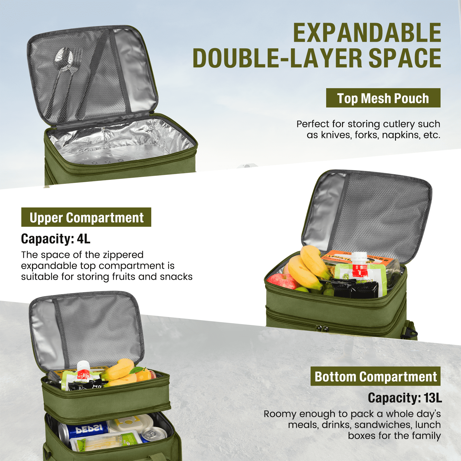Expandable Insulated Lunch Bag w/Leakproof Design - 24 Can Capacity, Double Deck Cooler Box with Adjustable Shoulder Strap & Side Pockets for Men & Women - Durable for Work, Travel, Outdoor, Green
