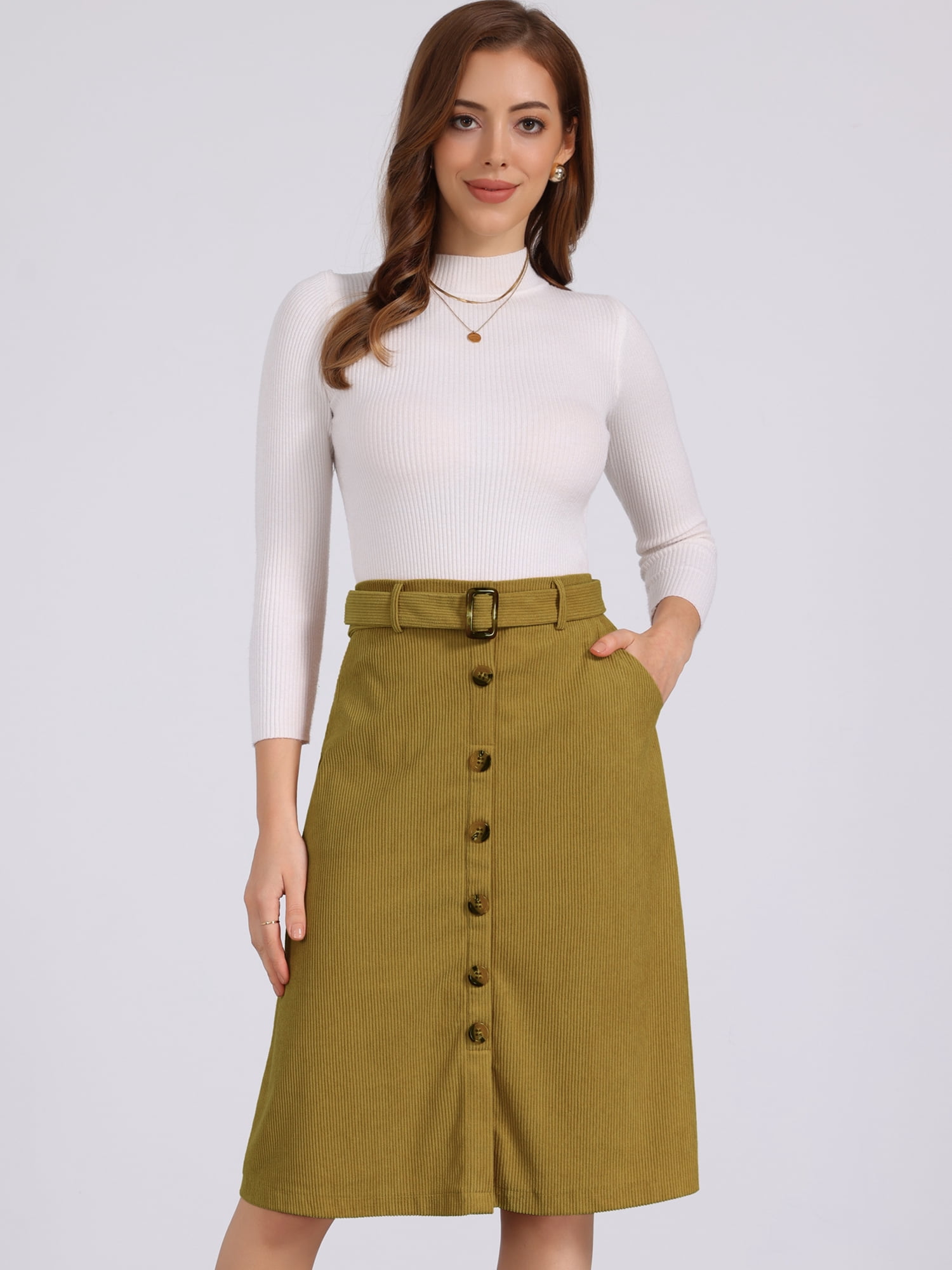 DARING DIVA Women's High Waist Button Front A-Line Belted Corduroy Skirt S Olive Yellow