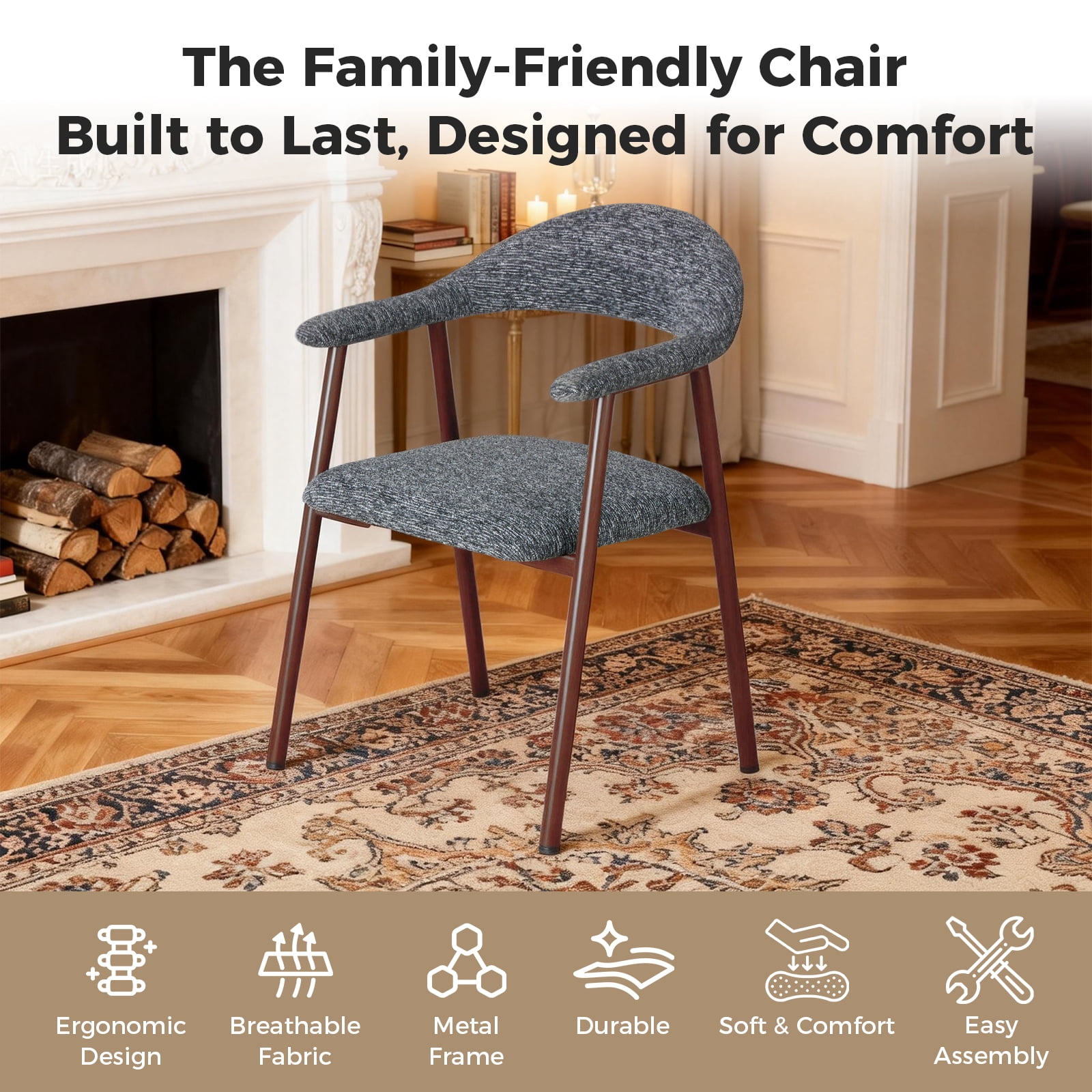 EDX Dining Chairs Set of 2, Modern Upholstered Kitchen Side Chairs for Dining Room, Ergonomic Padded Accent Seats with Sturdy Legs, Dark Gray